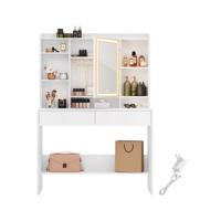 VASAGLE kaptafel met LED-verlichting cosmeticatafel met verstelbare planken, 2 laden, modern, wit