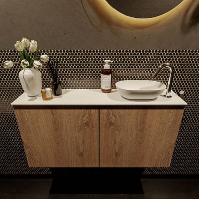 Mondiaz Fowy toiletmeubel 100cm washed oak met blad en waskom talc rechts 1 kraangat