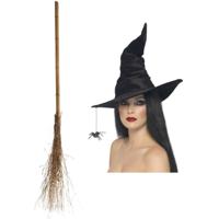 Smiffys Heksen verkleed set - dames - luxe heksenhoed - met bezem van 110 cm - Halloween