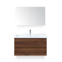 Vogue Badmeubelset 100 cm - Greeplijst in kleur - Walnoot - Keramische Wastafel Wit 1 kraangat - met Spiegelkast