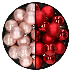 32x stuks kunststof kerstballen mix van lichtroze en rood 4 cm