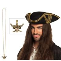 Verkleed set Piraten hoed - zwart/goud - met gouden piraten ketting - heren/dames