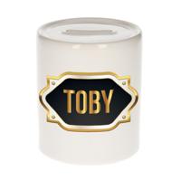Spaarpot met voornaam Toby - wit - goud/zwart embleem - 8 x 9 cm - keramiek - afsluitdop