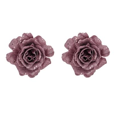 Kerstboomversiering Bloemen - 2x - 10 cm - roze glitter - op clip - ornament