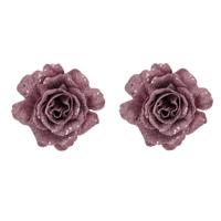 Kerstboomversiering Bloemen - 2x - 10 cm - roze glitter - op clip - ornament