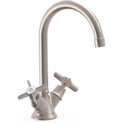 Wastafelkraan Tres Clasic | Opbouw | Draaibare uitloop | Mengkraan | Hoog model | 2-knops | Vintage | RVS look