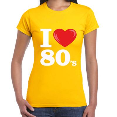Disco T-shirt dames - I love 80s - geel - eighties thema party - verkleedkleding - themafeest