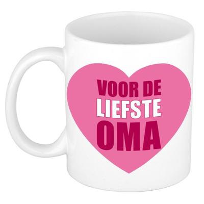 Oma verjaardag cadeau koffiemok - beker - voor de liefste oma - 300 ml - wit met roze