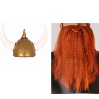 Vikingen/Noormannen verkleed set - 2 delig - heren - helm met hoorns - nep baard rood