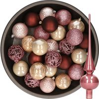 37x stuks kunststof kerstballen 6 cm incl. glazen piek roze en bruin tinten