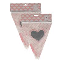 Baby geboren vlaggetjes - 2x - Vlaggenlijn hartje geboorte meisje - 10 meter - roze - kunststof