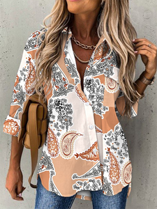 Casual Printed Shirt Collar Long Sleeve Blouse