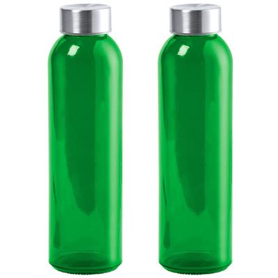 Glazen waterfles/drinkfles/sportfles - 2x - groen transparant - met RVS dop - 500 ml