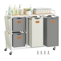 Wasmand op wielen met zijzakken en praktische opbergplank, Natuurlijk beige + Duifgrijs + Crèmewit / 150 L