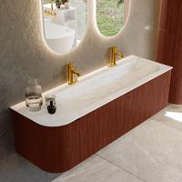 Badmeubel Mondiaz Kurve-Dlux | 145 cm cm | Meubelkleur Ruby | Wastafelkleur Ostra | Solid surface | Wasbak rechter zijde spoelbak | 2 kraangaten Badmeubel Mondiaz Kurve-Dlux | 145 cm cm | Meubelkleur Ruby | Wastafelkleur Ostra | Solid surface | Wasbak rechter zijde spoelbak | 2 kraangaten