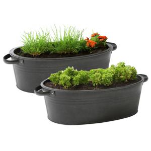 Plantenpot/bloempot teil Farmer - 2x - ovaal - zink - zwart - L33 x D23 X H14 cm