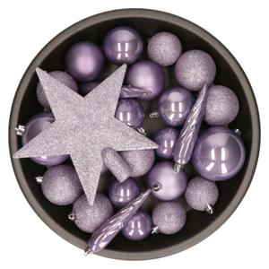 Decoris kerstballen set - 34-dlg - lila paars - incl. piek - kunststof - kerstversiering