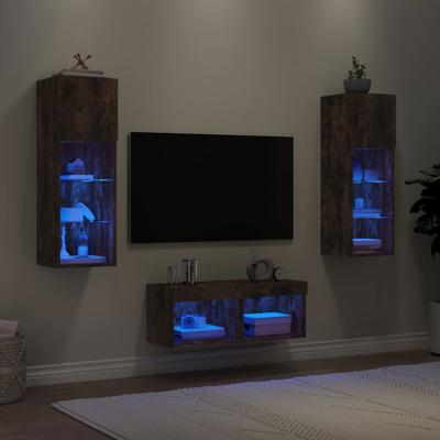 4-delige tv-wandmeubelset met LED-verlichting gerookt eiken