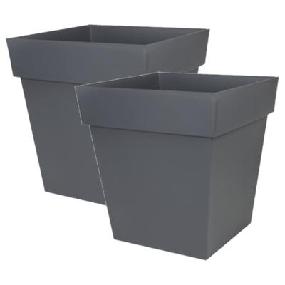EDA Bloempot Toscane vierkant - 2x stuks - kunststof - donkergrijs - L39 x B39 x H39 cm - 38L - plan
