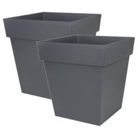 EDA Bloempot Toscane vierkant - 2x stuks - kunststof - donkergrijs - L39 x B39 x H39 cm - 38L - plan