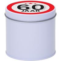 Cadeau koek of snoep blik - met 60 jaar opdruk sticker - 10 x 10 cm - Cadeauverpakking verjaardag