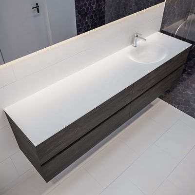 Mondiaz Vica Moon badmeubel eiken donker bruin 200 cm 4 lades solid surface enkele spoelbak rechts 1 kraangat
