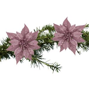 2x stuks kerstboom decoratie bloemen roze glitter op clip 18 cm