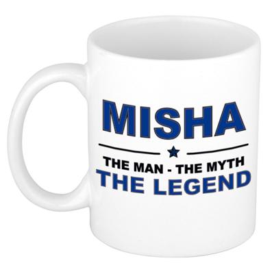 Misha cadeau mok - man myth legend - naam koffiemok / beker - wit en blauw - 300 ml