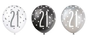 Ballonnen 21 Jaar Zwart en Zilver Glitz (6st)