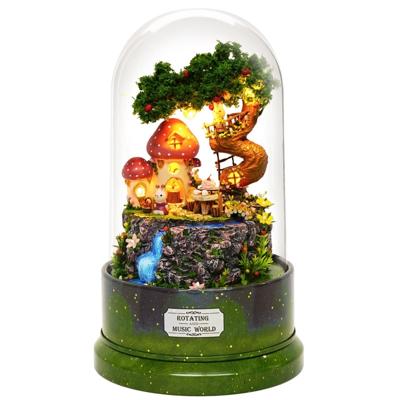 Rotatable muziekdoos miniatuur houten huis kits DIY speelgoed accessoires ambachten (C)