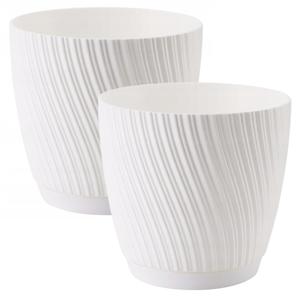 Form Plastic Plantenpot/bloempot Waves - 2x - kunststof - ivoor wit - D15 x H14 cm - met schotel