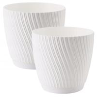 Form Plastic Plantenpot/bloempot Waves - 2x - kunststof - ivoor wit - D15 x H14 cm - met schotel