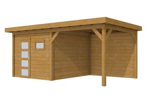 Woodvision Douglas Tuinhuis Topvision Raaf Groen geïmpregneerd 303x303 cm + luifel 300 cm- Plat dak- Geïmpregneerd lariks Douglas hout- Woodvision