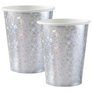 Feest wegwerp bekertjes - glitter - 20x stuks - 270 ml - zilver - karton