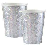 Feest wegwerp bekertjes - glitter - 20x stuks - 270 ml - zilver - karton