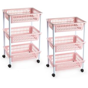 2x stuks opberg organiser trolleys/roltafels met 3 manden 62 cm in het oud roze