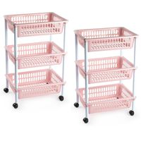 2x stuks opberg organiser trolleys/roltafels met 3 manden 62 cm in het oud roze