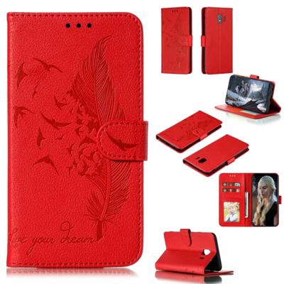 Feather patroon Litchi textuur horizontale Flip lederen draagtas met portemonnee & houder & kaartsleuven voor Galaxy J4 (2018) (rood)