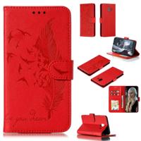 Feather patroon Litchi textuur horizontale Flip lederen draagtas met portemonnee & houder & kaartsleuven voor Galaxy J4 (2018) (rood)