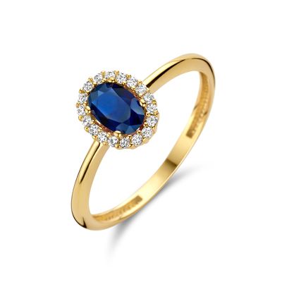 Ring geelgoud-synth. saffier-zirconia blauw-wit 8,5 mm