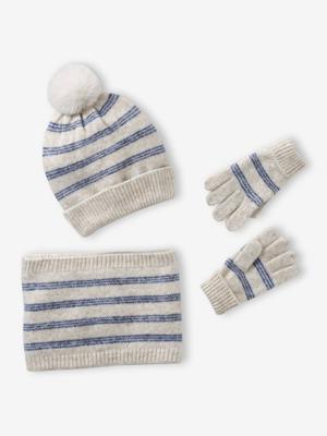 Gestreepte set voor meisjes muts + snood + wanten/handschoenen vanille