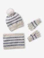 Gestreepte set voor meisjes muts + snood + wanten/handschoenen vanille
