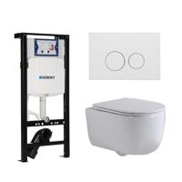 QeramiQ Dely Swirl Toiletset - 36.3x51.7cm - diepspoel - rimless - Inbouwreservoir met Geberit UP320 spoelmechanisme - slim zitting - mat witte metalen bedieningsplaat - ronde knoppen - wit mat SW1381697/SW706190/SW1000766/SW1026257