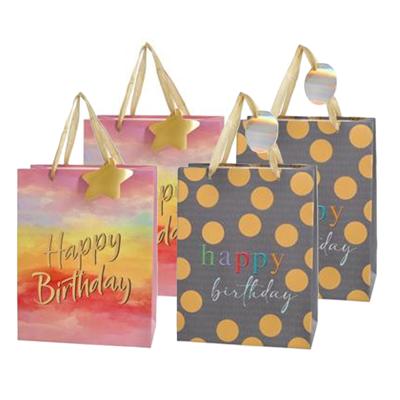 Verjaardag giftbag/cadeautasje - 4x stuks - grijs/geel - happy birthday - 17 x 23 cm