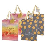 Verjaardag giftbag/cadeautasje - 4x stuks - grijs/geel - happy birthday - 17 x 23 cm