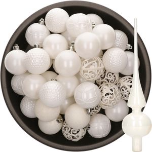 37x stuks kunststof kerstballen 6 cm incl. glazen piek glans wit