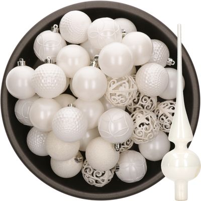 37x stuks kunststof kerstballen 6 cm incl. glazen piek glans wit