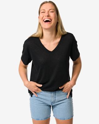 HEMA Dames T-shirt Evie Met Linnen Zwart (zwart)