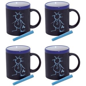 4x Krijt mokken in het blauw - beschrijfbare koffie/thee mok/bek