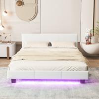 Tweepersoonsbedframe met Hoofd- & Voetbord Gestoffeerd Platformbed met LED-verlichting Bedframe met Houten Lattenbodem Wit